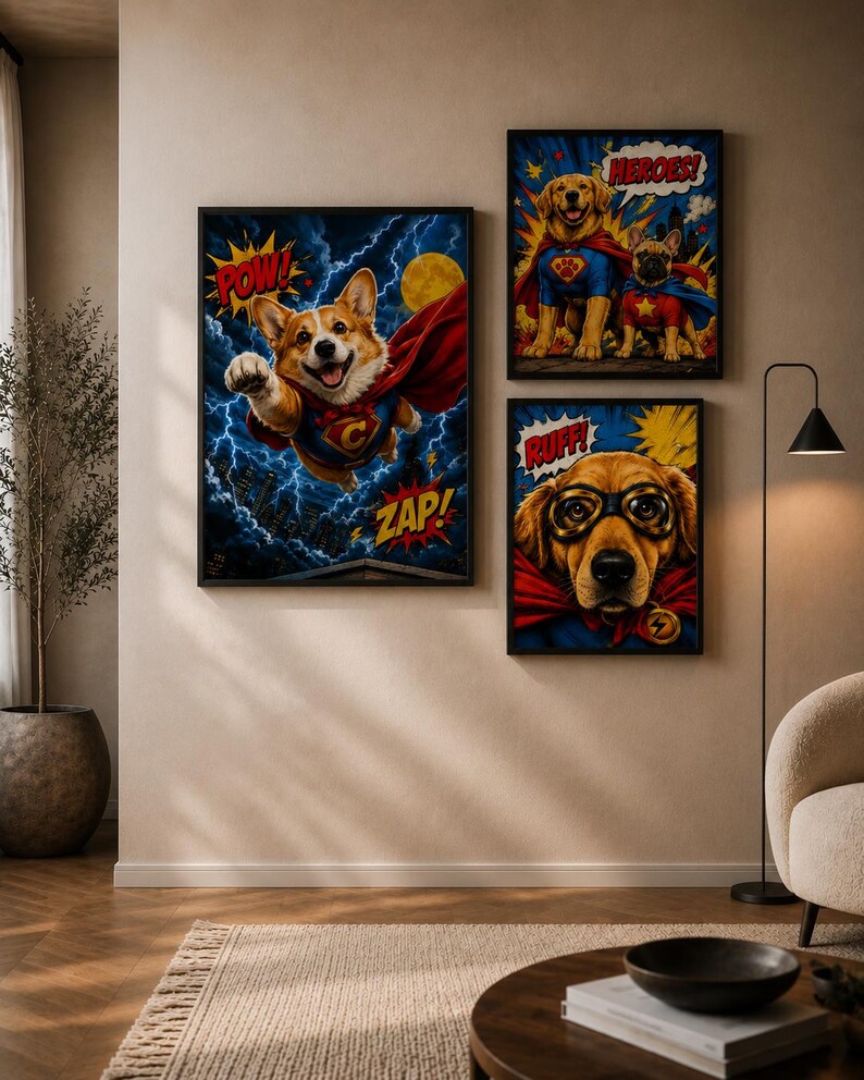 May include: Three framed wall art prints featuring comic book style illustrations of dogs as superheroes. One print shows a flying Corgi with the text POW and ZAP. Another shows two dogs with the text HEROES. The third shows a dog with the text RUFF.