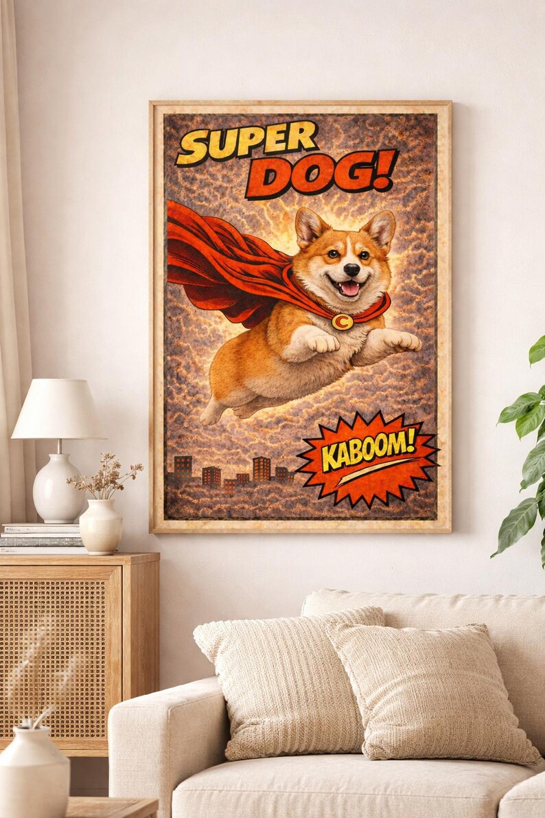 May include: A framed wall art print featuring a cartoon corgi flying through the air wearing a red cape with a yellow C emblem. The text SUPER DOG! appears at the top, and a jagged orange burst with the word KABOOM! is at the bottom.