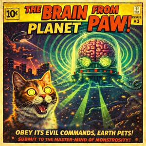 May include: Comic book cover titled "The Brain From Planet Paw!" featuring a cat with glowing eyes, a brain in a spaceship, and the text "Obey its evil commands, Earth pets!" in a retro style.
