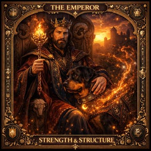 Retrato digital personalizado de la carta del tarot El emperador Rottweiler - Regalo gótico personalizado para dueños de mascotas, decoración imprimible de fantasía oscura para la habitación de hombres