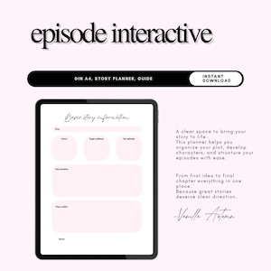 Op de afbeelding: Een digitale verhalenplanner met de tekst "episode interactive" bovenaan. De planner wordt weergegeven op een tablet en bevat secties voor verhaalinfo, genre, doelgroep en afleveringsdetails. Bevat de tekst "Direct downloaden".