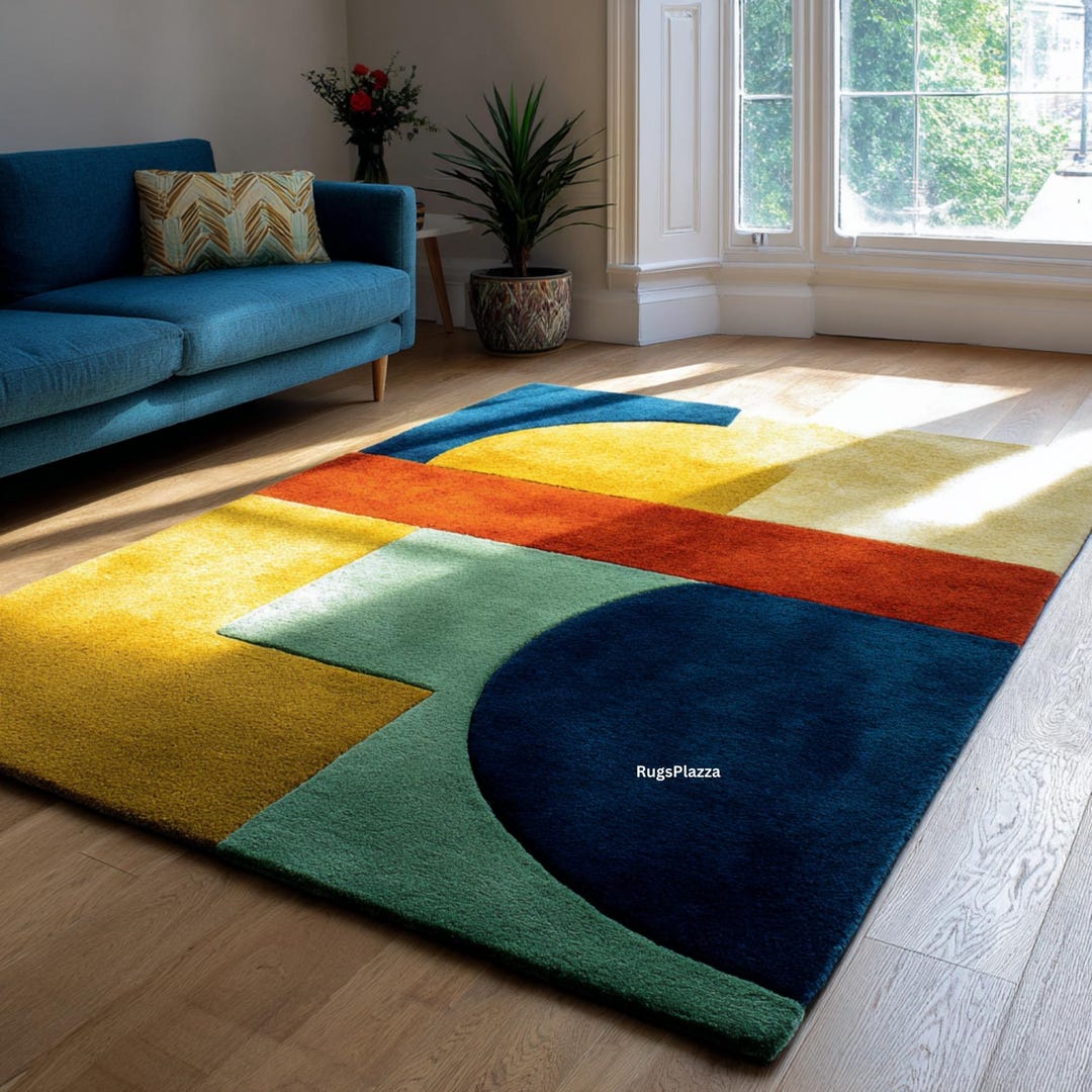 Modern Geometric Color Block Rug in Blue, Yellow & Green | Abstract ...