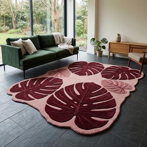 Pink Monstera Leaf Rug, Tropical Botanical Area Carpet Decor