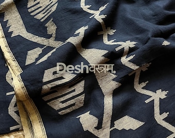 Black, Beige jamdani, 46" width Handloom Pure Cotton Fabric with border, Woven Indian Soft Light weight, Summer Dress Material, Kaftan