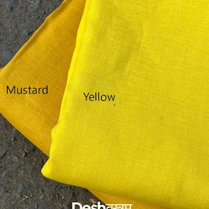 May include: Two pieces of fabric in mustard and yellow shades. The mustard fabric is on the left, and the yellow fabric is on the right. The text "Mustard" and "Yellow" are visible. The text "Fab069" is in the upper right corner. The text "Desh वस्त्रम्" is at the bottom.