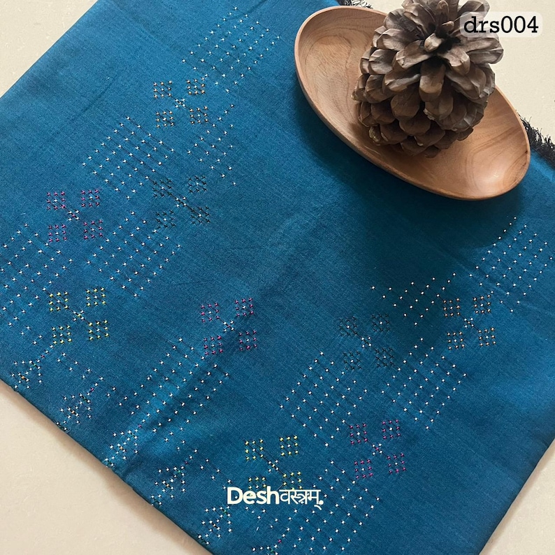 Desh Pattern Handloom Tangaliya Fabric, Teal Blue Cotton, Woven Dot Motif (3 Meter ...