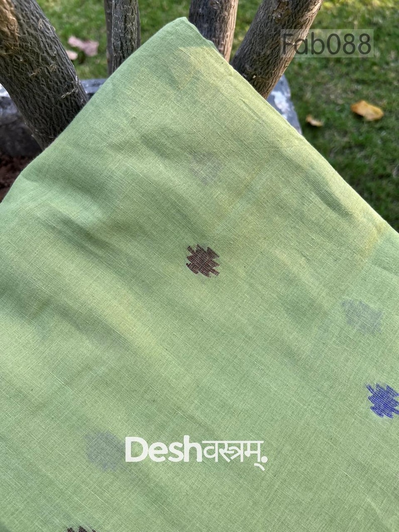 Desh Pattern Pure Handloom Jamdani Cotton Fabric, Green, Woven Indian Soft ...