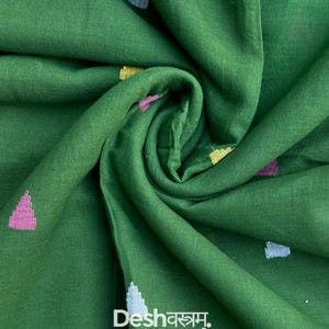Pure Handloom Jamdani Cotton Fabric, Green, Woven Indian Soft Lightweight Summer Dress Material, Saree Kurta, Cushion cover, 46 inches width