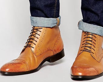 Handmade Genuine Tan Leather Stylish Half Ankle Cap Toe Brogue's Chukka Boots For Men's