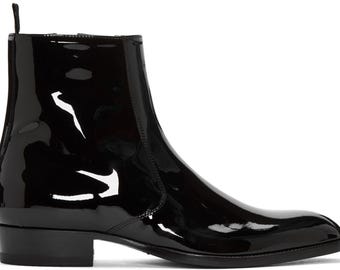 Handmade Genuine Black Patent Leather Stylish Side Zipper High Ankle Boots For Men's