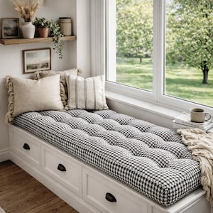 Custom Tufted Bench Cushion, French Style Window Seat Cushion, Handmade Classic Bench Pad, Buttoned Custom Bench Cushion