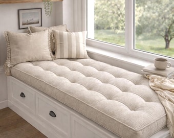 Linen French Tufted Bench Cushion – Custom Buttoned Window Seat Cushion, Handmade