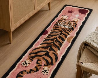 Alfombra de pasillo rosa con diseño de tigre, tejida a mano, estilo bohemio con animales, alfombra de pasillo original para la decoración del hogar.