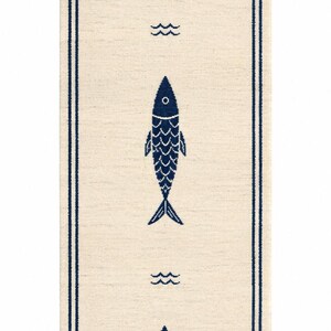 Alfombra de pasillo minimalista con diseño de peces, anudada a mano, alfombra de entrada con diseño de peces en azul marfil. imagen 2