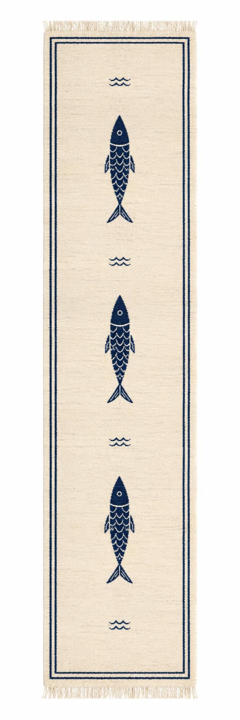 Alfombra de pasillo minimalista con diseño de peces, anudada a mano, alfombra de entrada con diseño de peces en azul marfil. imagen 2