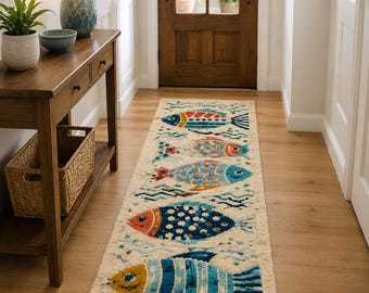 Alfombra de pasillo con diseño de peces, tejida a mano, alfombra costera, alfombra para habitación infantil o guardería.