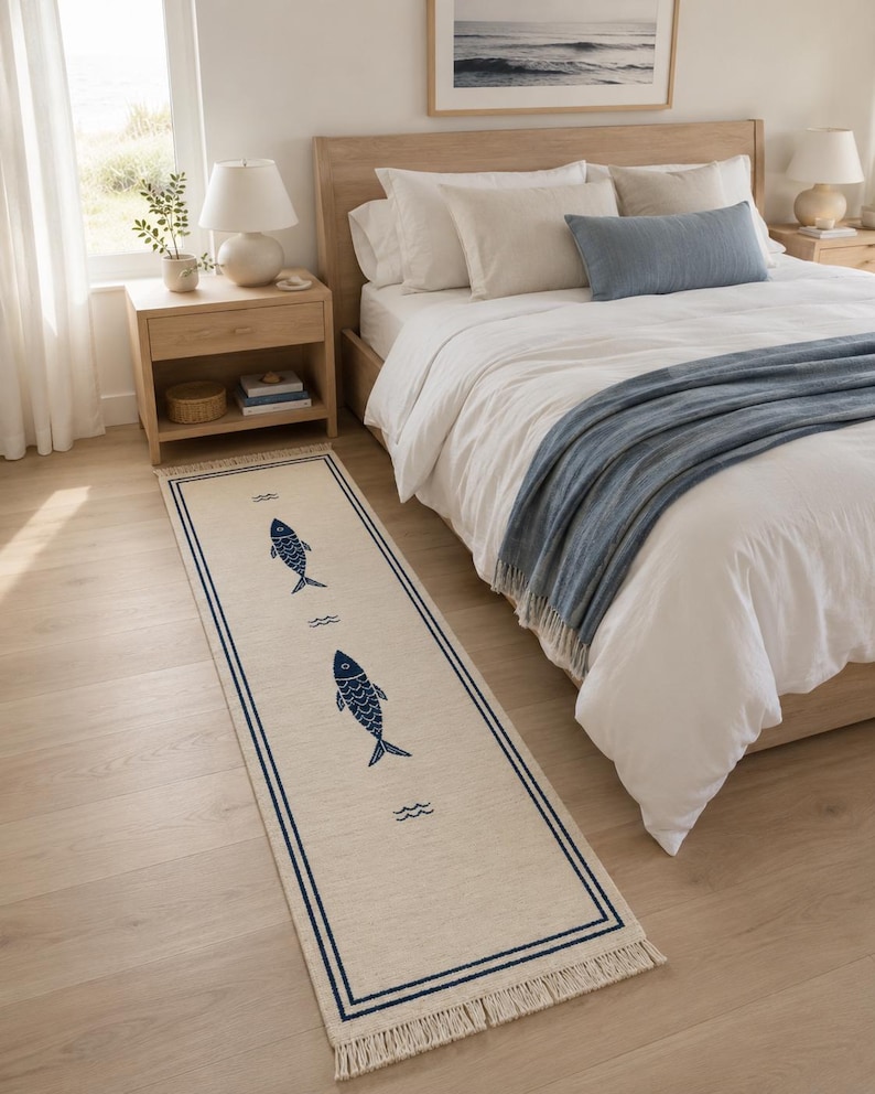 Alfombra de pasillo minimalista con diseño de peces, anudada a mano, alfombra de entrada con diseño de peces en azul marfil. imagen 3