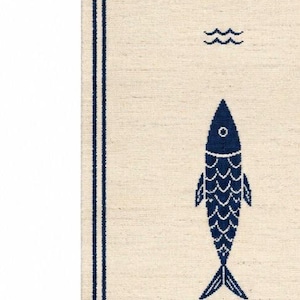 Alfombra de pasillo minimalista con diseño de peces, anudada a mano, alfombra de entrada con diseño de peces en azul marfil. imagen 4