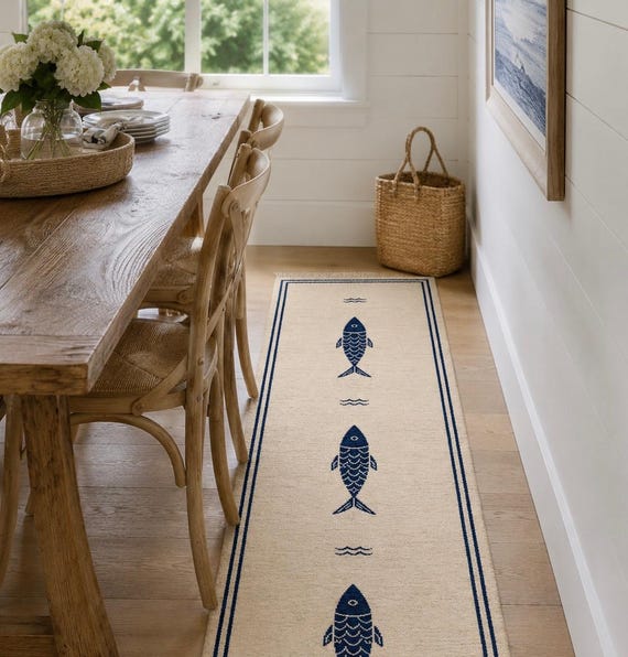 Hand knotted Minimal Fish Hallway Runner Rug, Blue Ivory Fish Entryway Carpet