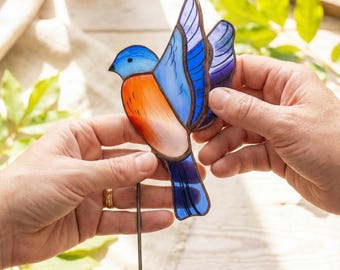 Stained Glass Eastern Bluebird Plant Pot Decor, Colorful 3D Bird Plant stake