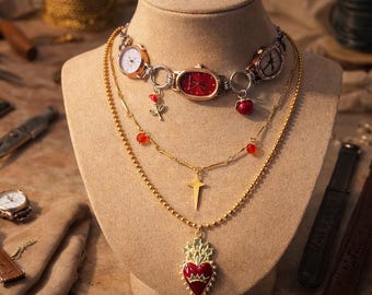 Red Watch Choker Set, Sacred Heart Necklace, Layered Timepiece Jewelry, Romantic Gothic Statement Necklace