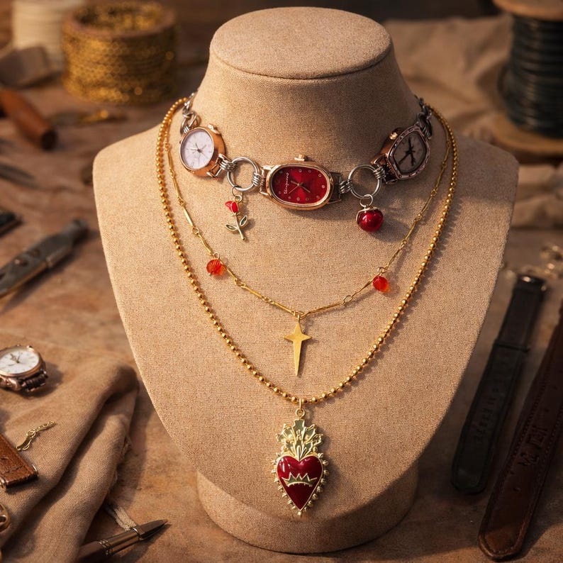 Working Red Watch Choker Set with Batteries, Sacred Heart Necklace, Functional Layered Timepiece Jewelry, Romantic Gothic Statement Gift image 1