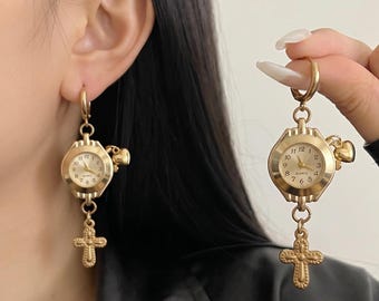 Gouden wijzerplaat oorbellen Y2K hart oorbellen kruis oorbellen vintage klok hangoorbellen flirt sieraden