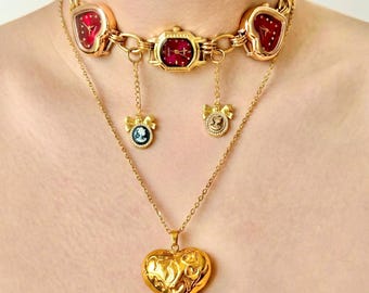 Vintage Watch Choker Necklace, Cameo Necklace, Victorian Jewelry, Gold Heart Pendant Necklace, Romantic Coquette Jewelry Gift