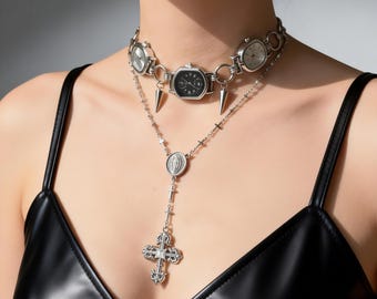 Gothic Cross Layered Necklace • Silver Watch Choker with Real Timepieces • Dark Academia Jewelry Gift Set