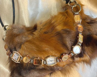 Vintage Watch Bag Chain, Detachable Watch Purse Strap, Real Working Watch Dial Chain, Faux Fur Bag Optional