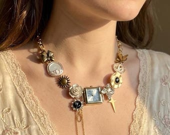 Gold Watch Choker Necklace Vintage Timepiece Jewelry Floral Charm Square Watch Handmade Statement Collar Necklace unique gift for her
