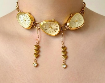 Vintage Watch Dial Choker Necklace, Gold Watch Jewelry, Coquette Heart Charm Necklace, Victorian Romantic Jewelry, Unique Statement Choker
