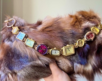 Vintage Watch Bag Chain, Detachable Watch Purse Strap,  Upcycled Working Watch Chain, Y2K statement bag strap,Faux Fur Bag optional