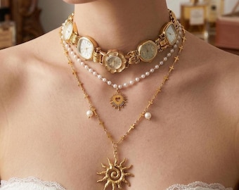 Vintage Watch Choker Necklace • Sun Pendant Layered Chain • Gold Timepiece Jewelry • Handmade Pearl Statement Collar