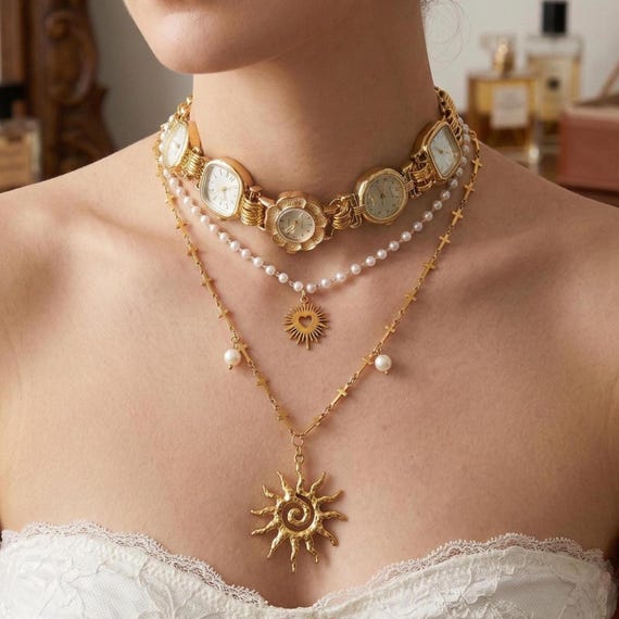 Vintage Watch Choker Necklace • Sun Pendant Layered Chain • Gold Timepiece Jewelry • Handmade Pearl Statement Collar