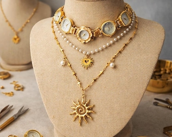 Collector’s Gold Watch Necklace Set – Vintage Choker with Real Timepieces, Pearls & Celestial Sun Pendants – Handmade Layered Jewelry Gift