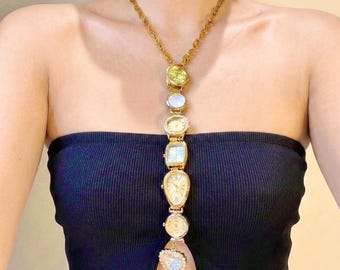 Collar con lazo de reloj vintage, collar tipo lariat con esfera de reloj, collar largo llamativo, joyería de reloj dorado, regalo coqueto