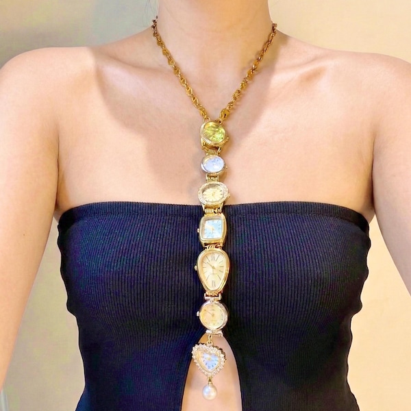 Collar con lazo de reloj vintage, collar tipo lariat con esfera de reloj, collar largo llamativo, joyería de reloj dorado, regalo coqueto