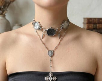 Gothic Watch Choker Set, Rosary Cross Necklace, Silver Timepiece Necklace, Layered Cross Pendant, Working Watch Jewelry