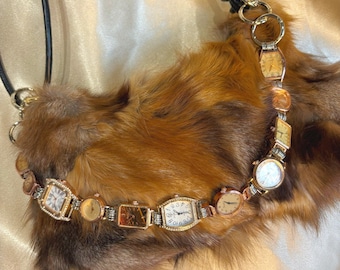 Brown Faux Fur Shoulder Bag with Rose Gold Vintage Watch Chain – Y2K Grunge Coquette Handbag with Working Timepiece Strap