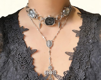 Silver Watch Necklace Set Gothic Timepiece Choker Layered Cross Pendant Rosary Style Working Watch Statement Jewelry