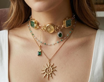 Vintage Watch Choker Set, Sun Pendant Necklace, Layered Celestial Necklace, Green Gemstone Jewelry, Handmade Gift