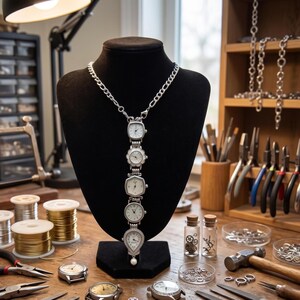 Op de afbeelding: Een zilverkleurige ketting met vijf vintage horloges in verschillende vormen. De horloges zijn verbonden door een ketting en tentoongesteld op een zwarte mannequin. De ketting heeft een parelhanger. Horlogemakersgereedschap is zichtbaar.
