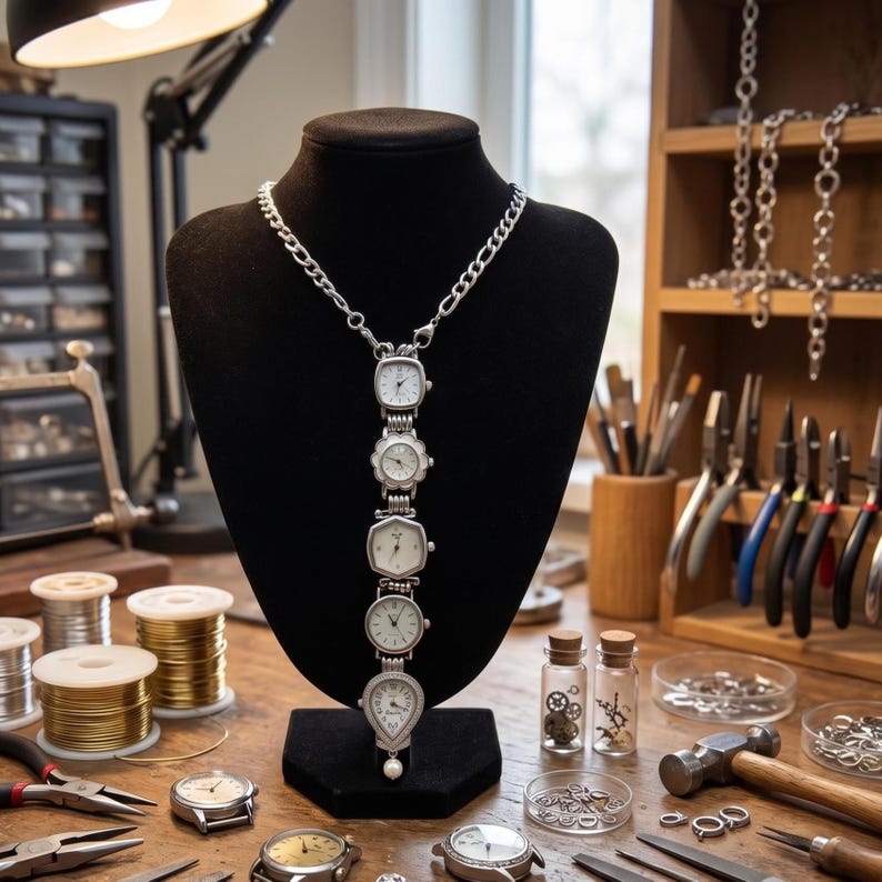 Op de afbeelding: Een zilverkleurige ketting met vijf vintage horloges in verschillende vormen. De horloges zijn verbonden door een ketting en tentoongesteld op een zwarte mannequin. De ketting heeft een parelhanger. Horlogemakersgereedschap is zichtbaar.