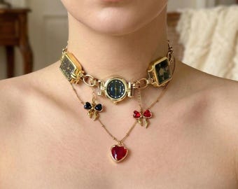 Vintage Watch Choker Necklace, Watch Dial Statement Necklace, Coquette Heart Charm Necklace, Romantic Timepiece Jewelry