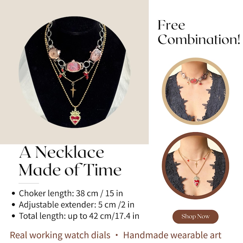 May include: A multi-strand necklace featuring watch faces, a cross pendant, and a heart-shaped charm. The choker length is 15 inches, with an adjustable extender of 2 inches, and a total length up to 17.4 inches. The text reads "A Necklace Made of Time."