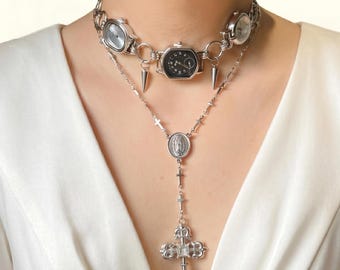 Gothic Watch Choker Set, Rosary Cross Necklace, Layered Timepiece Jewelry, Silver Watch Necklace, Dark Romantic Statement Choker