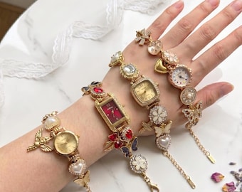 Vintage Charm Bracelet for Women, Gold Butterfly Pearl Watch Bracelet, Matching Best Friend Jewelry Gift