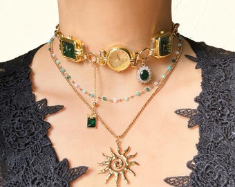 Vintage Watch Pendant Necklace • Layered Sun Choker • Handmade Upcycled Timepiece Jewelry • Emerald Green Necklace • Unique Gift for Her
