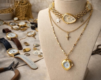 Vintage Watch Necklace Set Gold Timepiece Choker Layered Watch Jewelry Heart Locket Pendant Handmade Statement Necklace